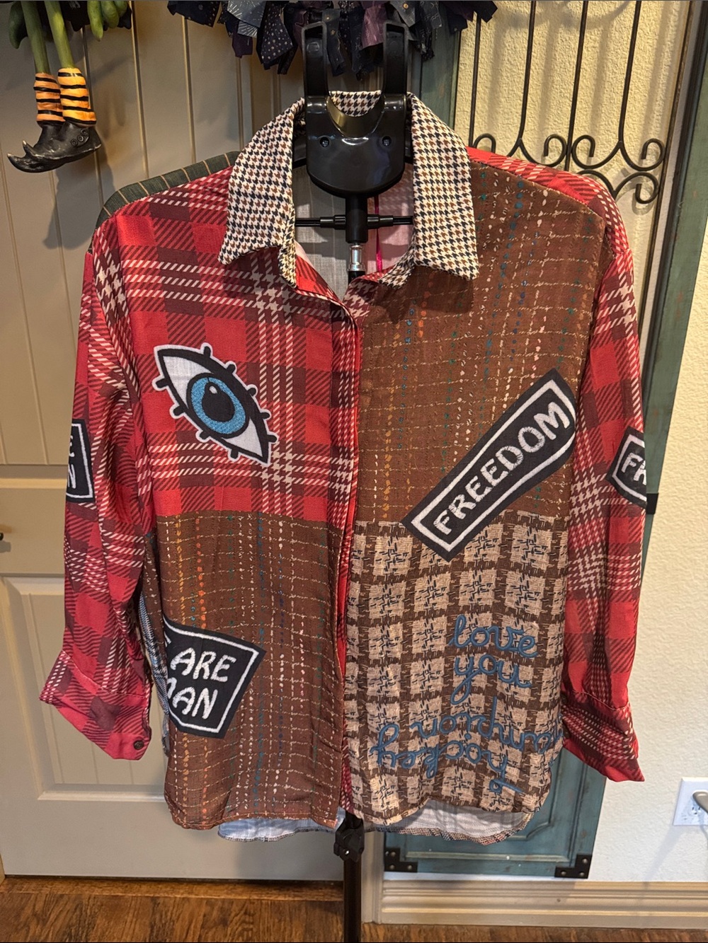 Patchwork Plaid Button-Up Blouse in Red & Brown